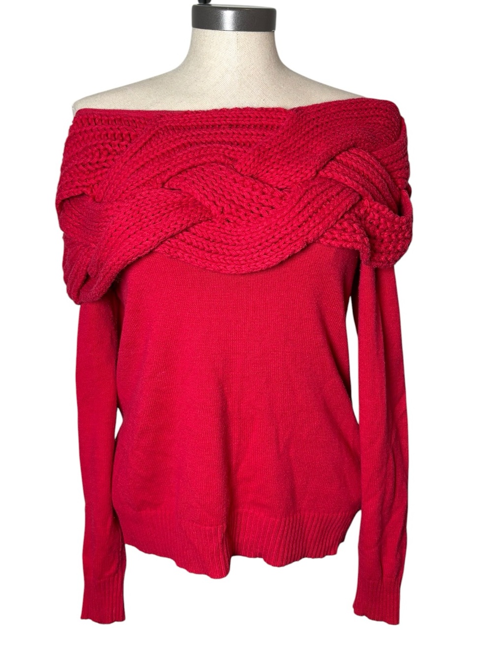 Bebe Red Braided Off Shoulder Sweater Medium Y2K Holiday Cable Knit